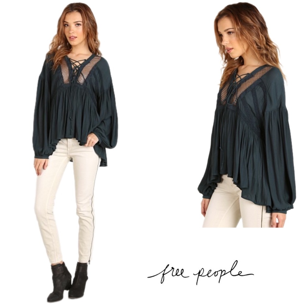 Free People Pebbled Dont Let Go Peasant Top Deep Forest - Picture 2 of 13